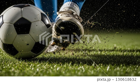 Soccer Player Kicking Ball with Dynamic Dirt Splash on Grass Field	 130618632
