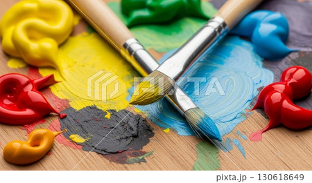 Colorful Paint Tubes and Brushes on Wooden Surface - Art Supplies Colorful Paint Tubes and Brushes on Wooden Surface - Art Supplies 130618649