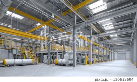 Realistic image of factory hall with steel structures and machines 130618694