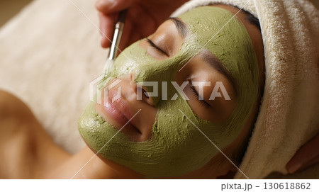 Person enjoying herbal face mask at spa, close-up shot, relaxation theme Person enjoying herbal face mask at spa, close-up shot, relaxation theme 130618862