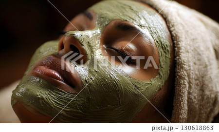 Person enjoying herbal face mask at spa, close-up shot, relaxation theme Person enjoying herbal face mask at spa, close-up shot, relaxation theme 130618863