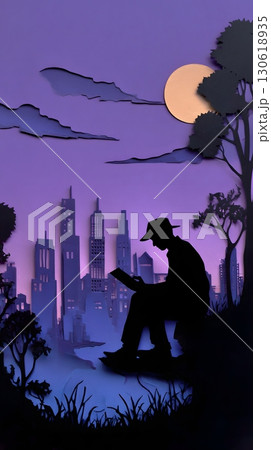 Paper cut silhouette of student reading under moonlight with city skyline behind 130618935
