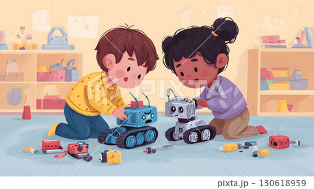 Children in STEM workshop building small robots, colorful illustration 130618959