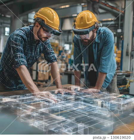 Engineers using AI AR tools to redesign factory floor layout, 16:9 Engineers using AI AR tools to redesign factory floor layout, 16:9 130619020