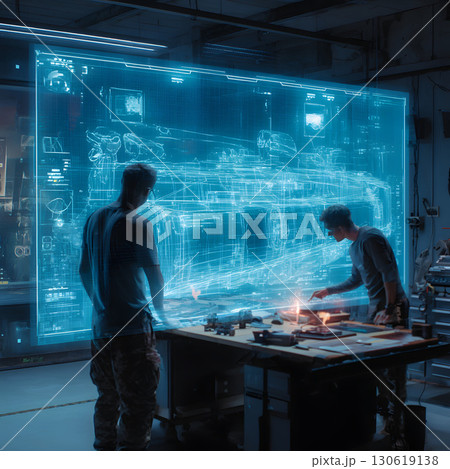 Engineers using holographic AR screens integrated with AI system, 16:9 Engineers using holographic AR screens integrated with AI system, 16:9 130619138