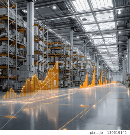 AI predictive demand graphs projected in industrial space, 16:9 AI predictive demand graphs projected in industrial space, 16:9 130619142
