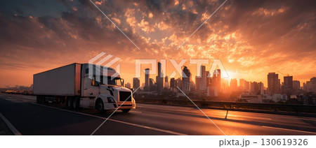 Truck driving on highway with sunset background and city skyline Truck driving on highway with sunset background and city skyline 130619326