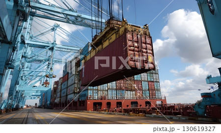 Shipping containers being lifted by large port cranes Shipping containers being lifted by large port cranes 130619327