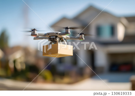 Drone delivering small package to suburban house 130619333