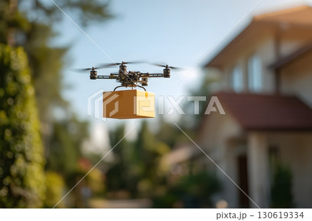 Drone delivering small package to suburban house 130619334
