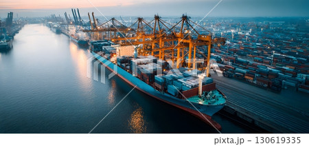 Cargo ship docking at busy harbor with cranes unloading 130619335