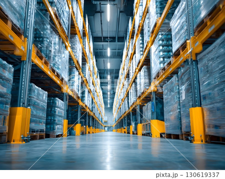 Modern cold storage facility with stacked goods neatly arranged 130619337
