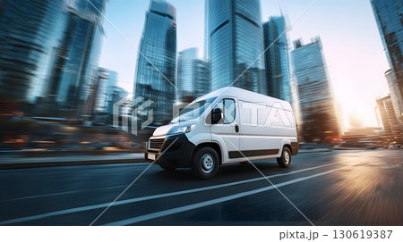 Delivery van driving through modern city streets Delivery van driving through modern city streets 130619387