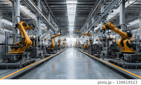 Modern industrial plant with robotic arms idle, symmetrical clean design, cinematic tone 130619523
