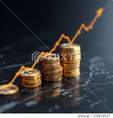 High resolution 3D illustration of digital currency growth with golden coins 130619527