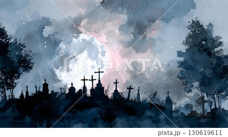 Watercolor dark graveyard silhouettes with crosses under moon 130619611
