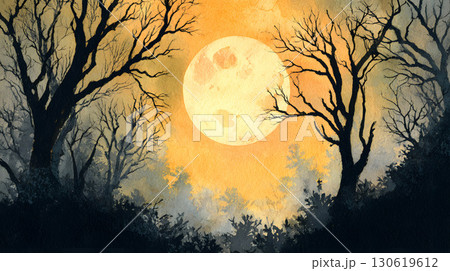 Spooky haunted forest watercolor silhouettes glowing full moon 130619612