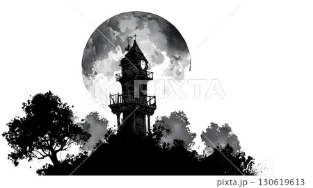 Haunted tower watercolor silhouette artwork with giant moon 130619613
