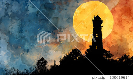 Haunted tower watercolor silhouette artwork with giant moon 130619614