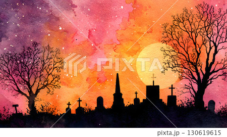 Graveyard silhouettes watercolor scene Halloween moon night 130619615