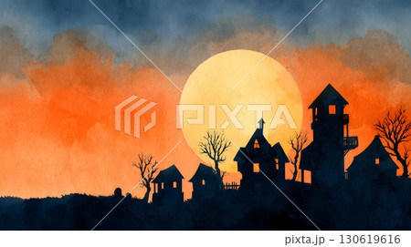 Haunted village silhouette watercolor style glowing moon sky 130619616