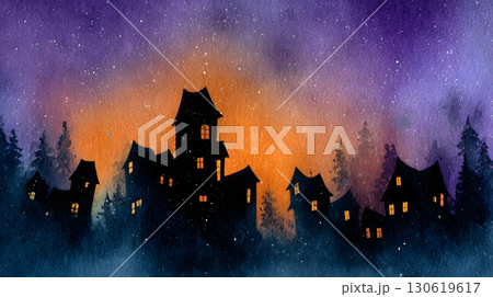 Haunted village silhouette watercolor style glowing moon sky 130619617