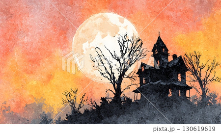 Haunted house watercolor silhouette eerie glowing Halloween moon 130619619