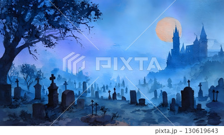 Silhouette graveyard watercolor painting with eerie moonlight and castle in distance 130619643