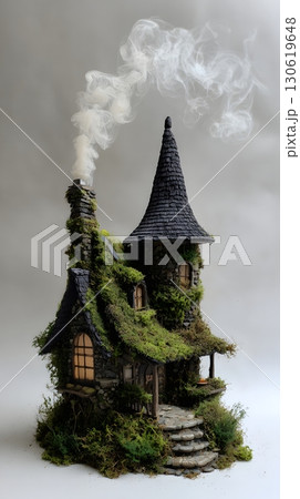 3D witch cottage moss roof crooked chimney smoke swirl 130619648