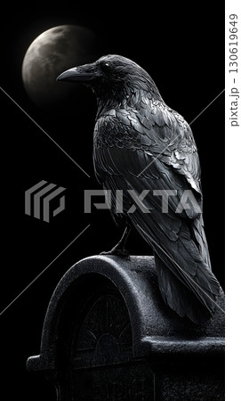 3D raven on gravestone feathers detail moon rim light 130619649