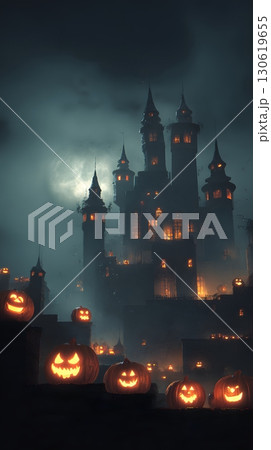 3D illustration of spooky haunted castle with glowing jack o lanterns dramatic lighting 130619655