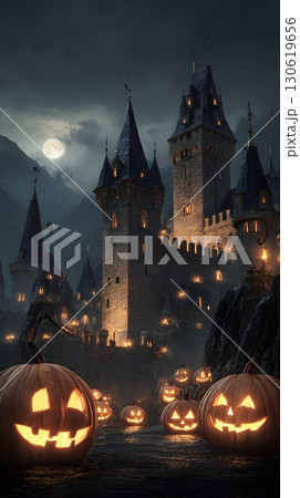 3D illustration of spooky haunted castle with glowing jack o lanterns dramatic lighting 3D illustration of spooky haunted castle with glowing jack o lanterns dramatic lighting 130619656