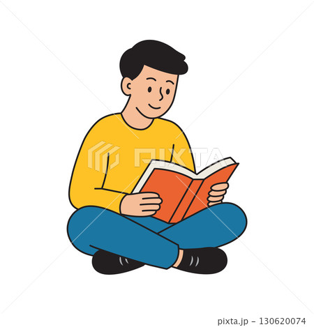 Student or Young Guy Reading a Book, Sitting on the Floor. Reading for Education and Leisure. Student or Young Guy Reading a Book, Sitting on the Floor. Reading for Education and Leisure. 130620074