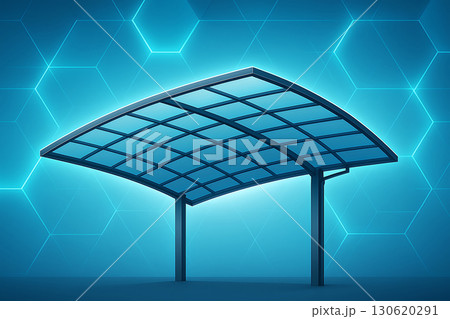 青い発光背景に浮かぶ透明感あるカーポートの造形美「AI生成画像」 130620291