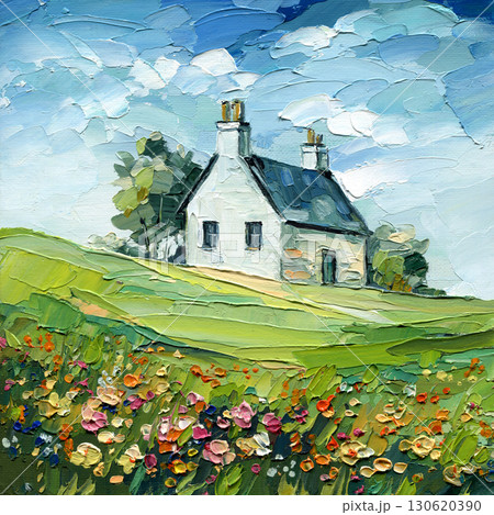 white cottage with wildflowers impasto oil painting countryside meadow landscape textured canvas rustic rural summer art decor 130620390