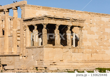 Close view of Caryatids statues at Erechtheion temple, Acropolis, Greece. 130620446