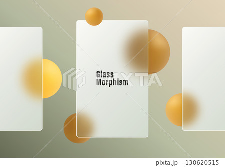 Glassmorphism style landing page design with frosted transparent panel and golden yellow 3D spheres on a soft gradient background. 130620515