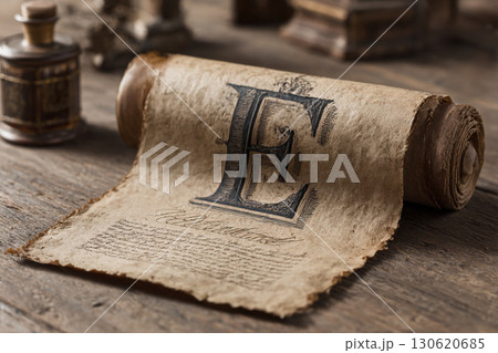 Antique Scroll on Wooden Table 130620685