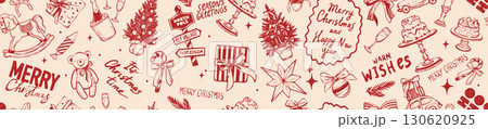 Christmas seamless pattern, New Year hand drawn doodle banner, winter holiday decor texture print.  Christmas seamless pattern, New Year hand drawn doodle banner, winter holiday decor texture print.  130620925