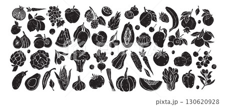 Vegetables fruit hand drawn icon set, vector organic vegetarian food fresh healthy diet illustration Vegetables fruit hand drawn icon set, vector organic vegetarian food fresh healthy diet illustration 130620928