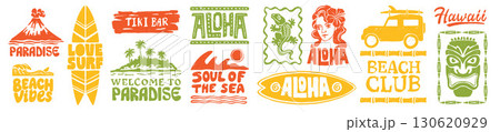 Aloha Hawaii logo set, vector hand drawn summer badge, tropical ocean beach print design, surfboard. Aloha Hawaii logo set, vector hand drawn summer badge, tropical ocean beach print design, surfboard. 130620929