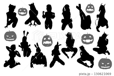 ハロウィンのコスプレ女性とジャックオーランタンのシルエットイラスト ハロウィンのコスプレ女性とジャックオーランタンのシルエットイラスト 130621069