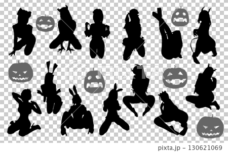 ハロウィンのコスプレ女性とジャックオーランタンのシルエットイラスト ハロウィンのコスプレ女性とジャックオーランタンのシルエットイラスト 130621069