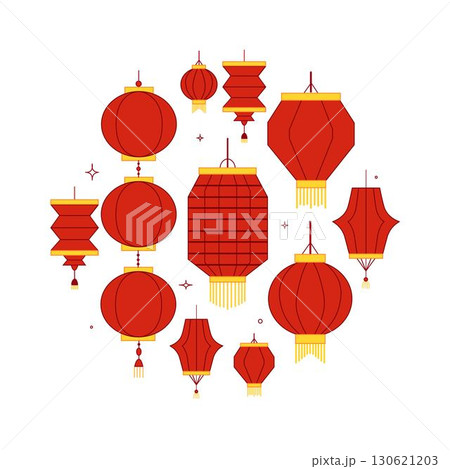Set of red lanterns for celebrating Chinese Lunar New Year. Traditional Asian circle round composition decor with lanterns, vector graphic logo set Set of red lanterns for celebrating Chinese Lunar New Year. Traditional Asian circle round composition decor with lanterns, vector graphic logo set 130621203