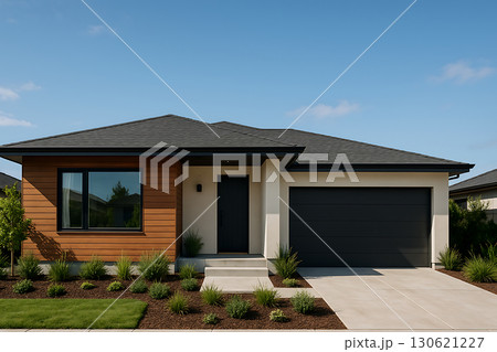 木目と白壁が映えるおしゃれな平屋住宅「AI生成画像」 130621227