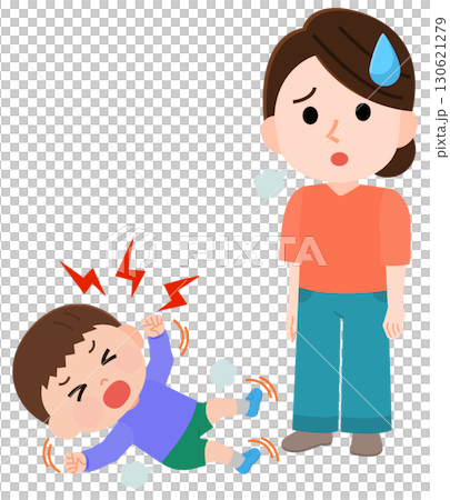 Illustration of a boy having a tantrum and thrashing around on the floor and a troubled woman 130621279