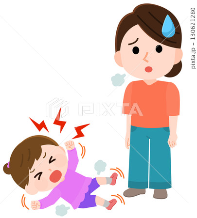 癇癪を起こして床でジタバタする女の子と困る女性　イラスト 130621280