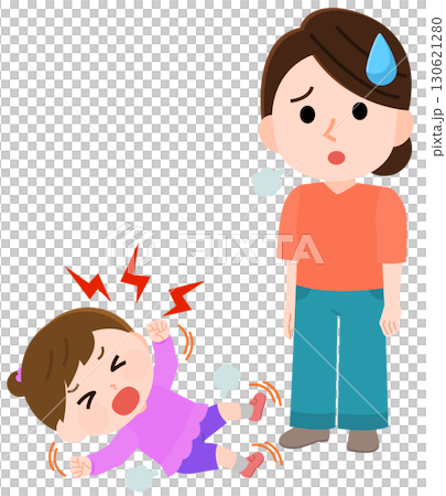 Illustration of a girl having a tantrum and thrashing around on the floor and a troubled woman 130621280