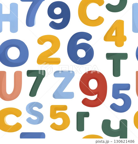 Playful seamless pattern of colorful rounded letters and numbers with soft 3D shading on white. Playful seamless pattern of colorful rounded letters and numbers with soft 3D shading on white. 130621486