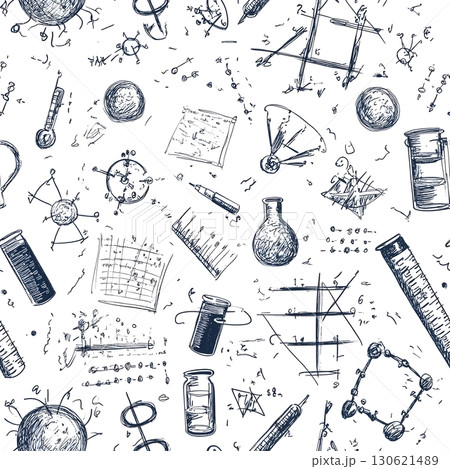 Seamless hand-drawn science pattern with lab glassware, molecules, formulas, graphs 130621489